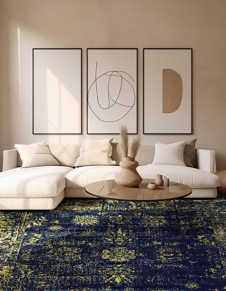 Navy Blue 6' 1 x 6' 1 Sofia Square Area Rug Durable Easy Clean Stain Resistant Unique Carpet for Affordable Interior Home Design for Sale at Rug Engine