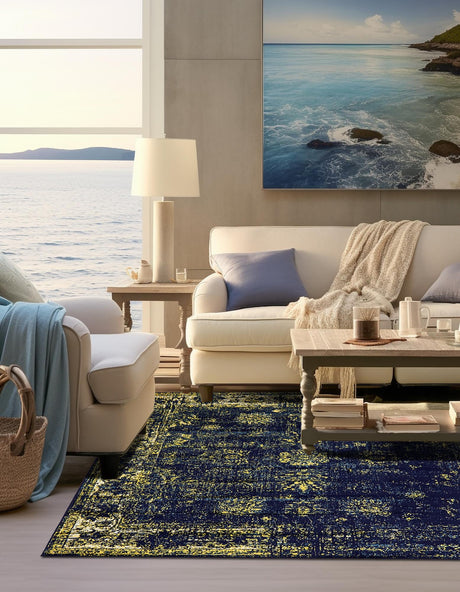 Navy Blue 7' 10 x 7' 10 Sofia Square Area Rug Durable Easy Clean Stain Resistant Unique Carpet for Affordable Interior Home Design for Sale at Rug Engine