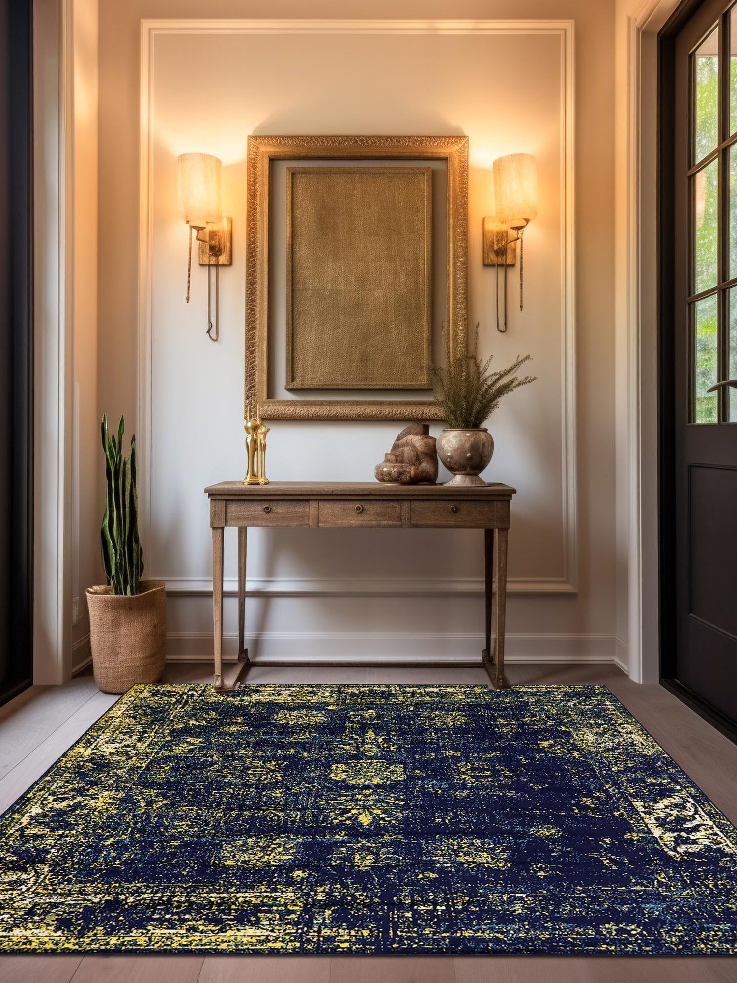 Navy Blue 7' 10 x 7' 10 Sofia Square Area Rug Durable Easy Clean Stain Resistant Unique Carpet for Affordable Interior Home Design for Sale at Rug Engine