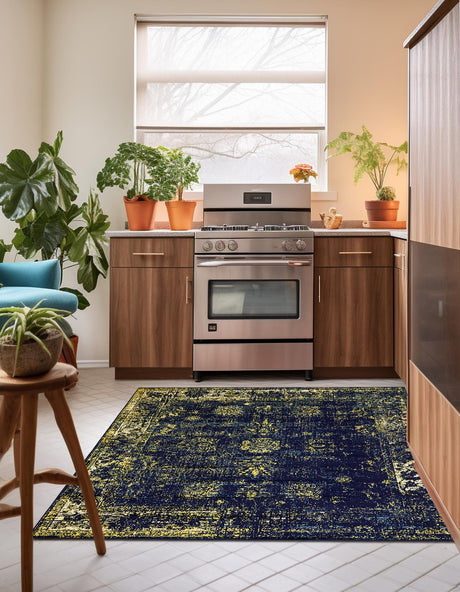 Navy Blue 6' 1 x 6' 1 Sofia Square Area Rug Durable Easy Clean Stain Resistant Unique Carpet for Affordable Interior Home Design for Sale at Rug Engine