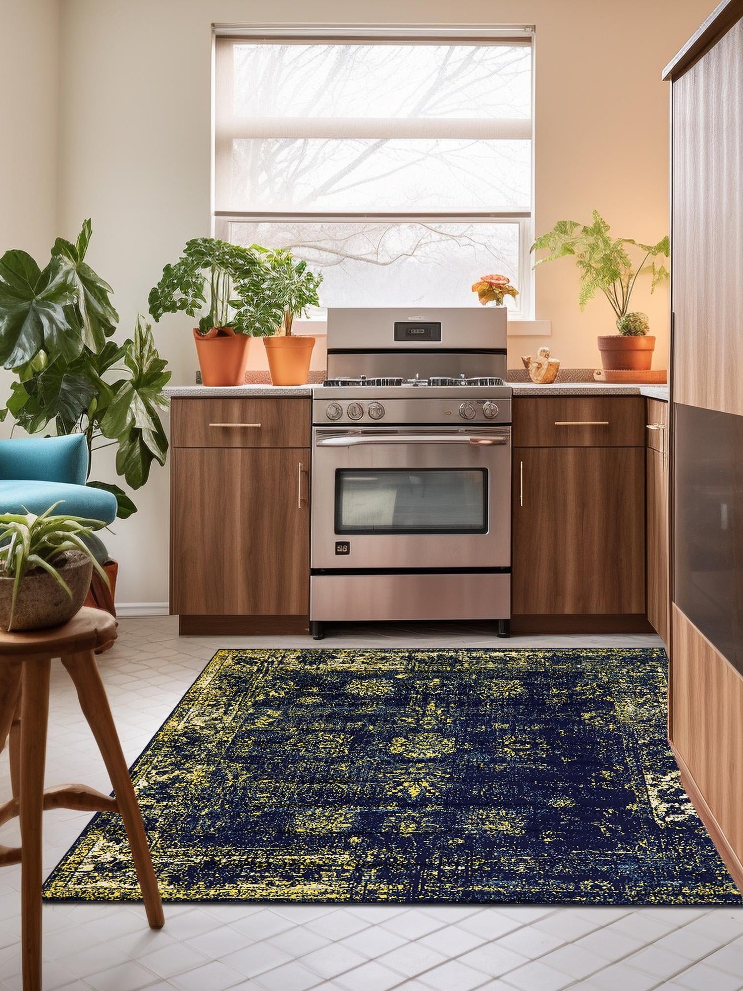 Navy Blue 7' 10 x 7' 10 Sofia Square Area Rug Durable Easy Clean Stain Resistant Unique Carpet for Affordable Interior Home Design for Sale at Rug Engine