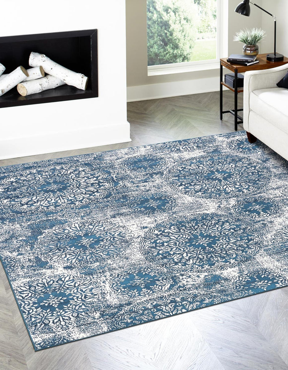 Blue 7' 10 x 7' 10 Sofia Square Area Rug Durable Easy Clean Stain Resi ...