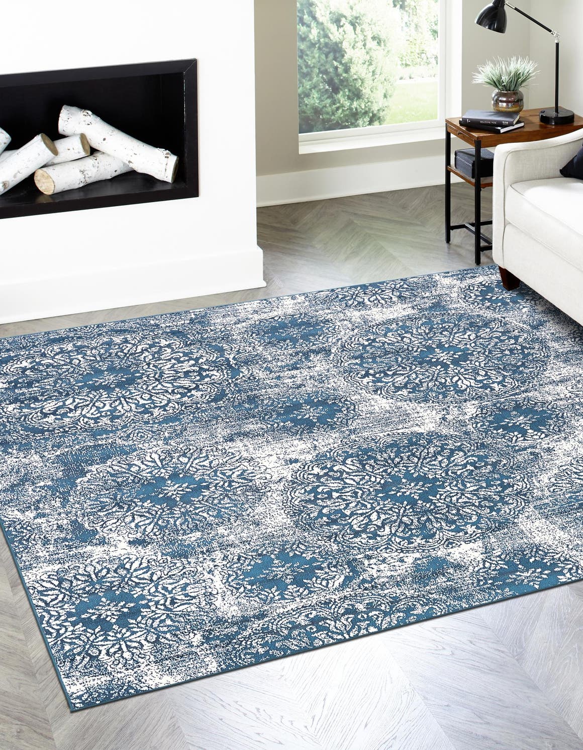 Blue 7' 10 x 7' 10 Sofia Square Area Rug Durable Easy Clean Stain Resistant Unique Carpet for Affordable Interior Home Design for Sale at Rug Engine