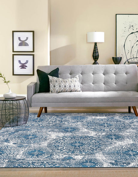 Blue 7' 10 x 7' 10 Sofia Square Area Rug Durable Easy Clean Stain Resistant Unique Carpet for Affordable Interior Home Design for Sale at Rug Engine