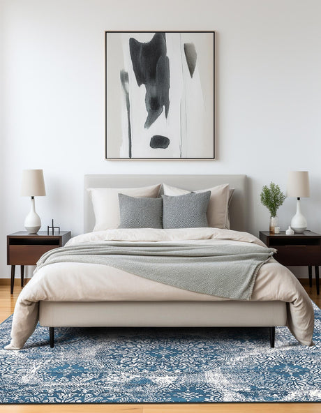 Blue 7' 10 x 7' 10 Sofia Square Area Rug Durable Easy Clean Stain Resistant Unique Carpet for Affordable Interior Home Design for Sale at Rug Engine
