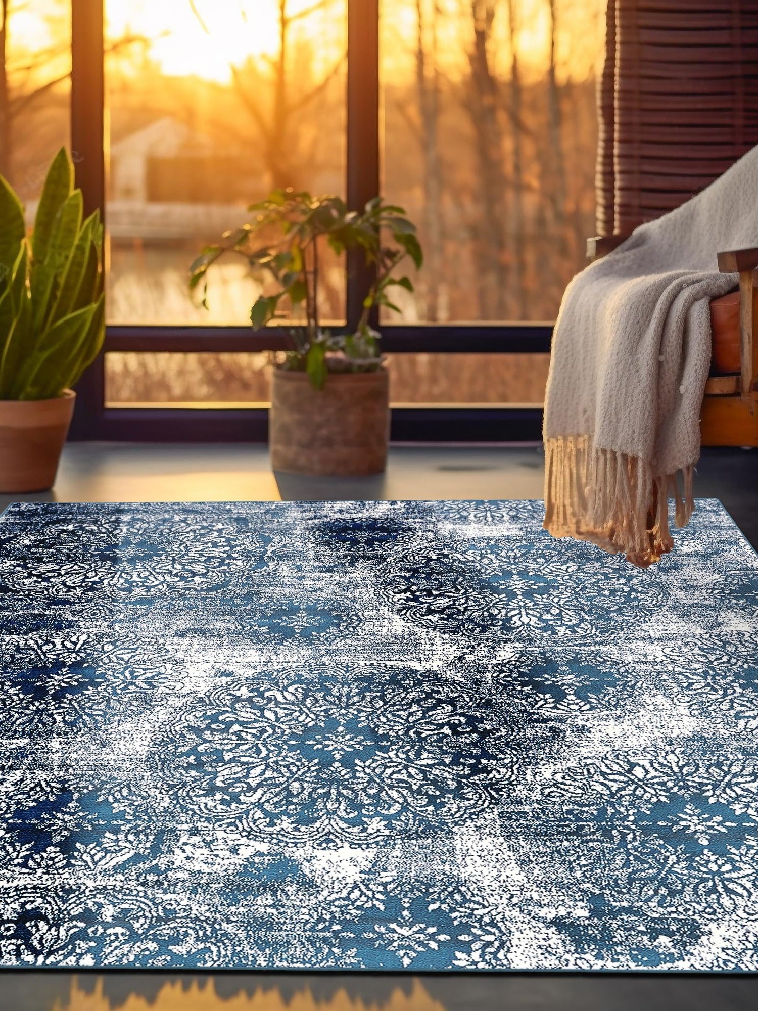 Blue 7' 10 x 7' 10 Sofia Square Area Rug Durable Easy Clean Stain Resistant Unique Carpet for Affordable Interior Home Design for Sale at Rug Engine