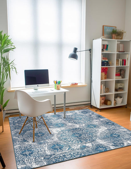 Blue 6' 1 x 6' 1 Sofia Square Area Rug Durable Easy Clean Stain Resistant Unique Carpet for Affordable Interior Home Design for Sale at Rug Engine