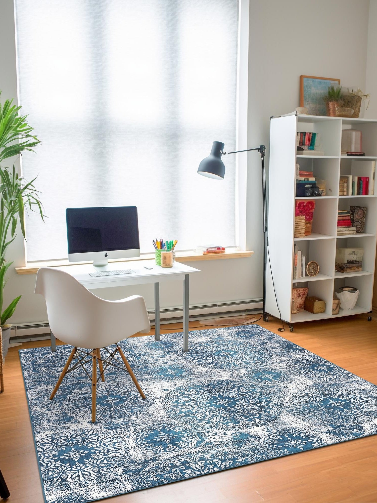Blue 7' 10 x 7' 10 Sofia Square Area Rug Durable Easy Clean Stain Resistant Unique Carpet for Affordable Interior Home Design for Sale at Rug Engine