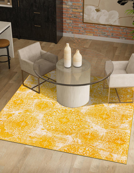 Yellow 7' 10 x 7' 10 Sofia Square Area Rug Durable Easy Clean Stain Resistant Unique Carpet for Affordable Interior Home Design for Sale at Rug Engine