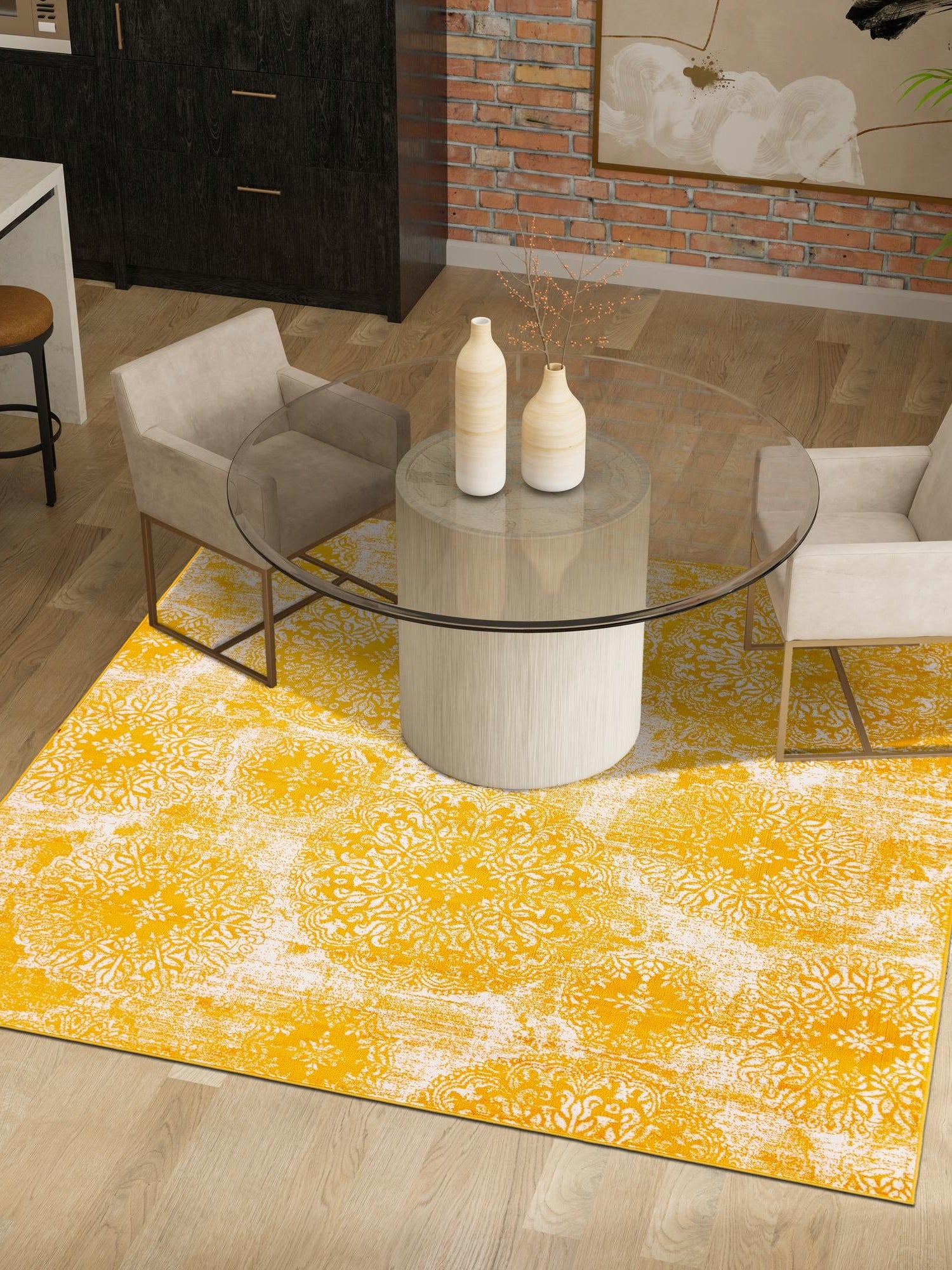 Yellow 6' 1 x 6' 1 Sofia Square Area Rug Durable Easy Clean Stain Resistant Unique Carpet for Affordable Interior Home Design for Sale at Rug Engine