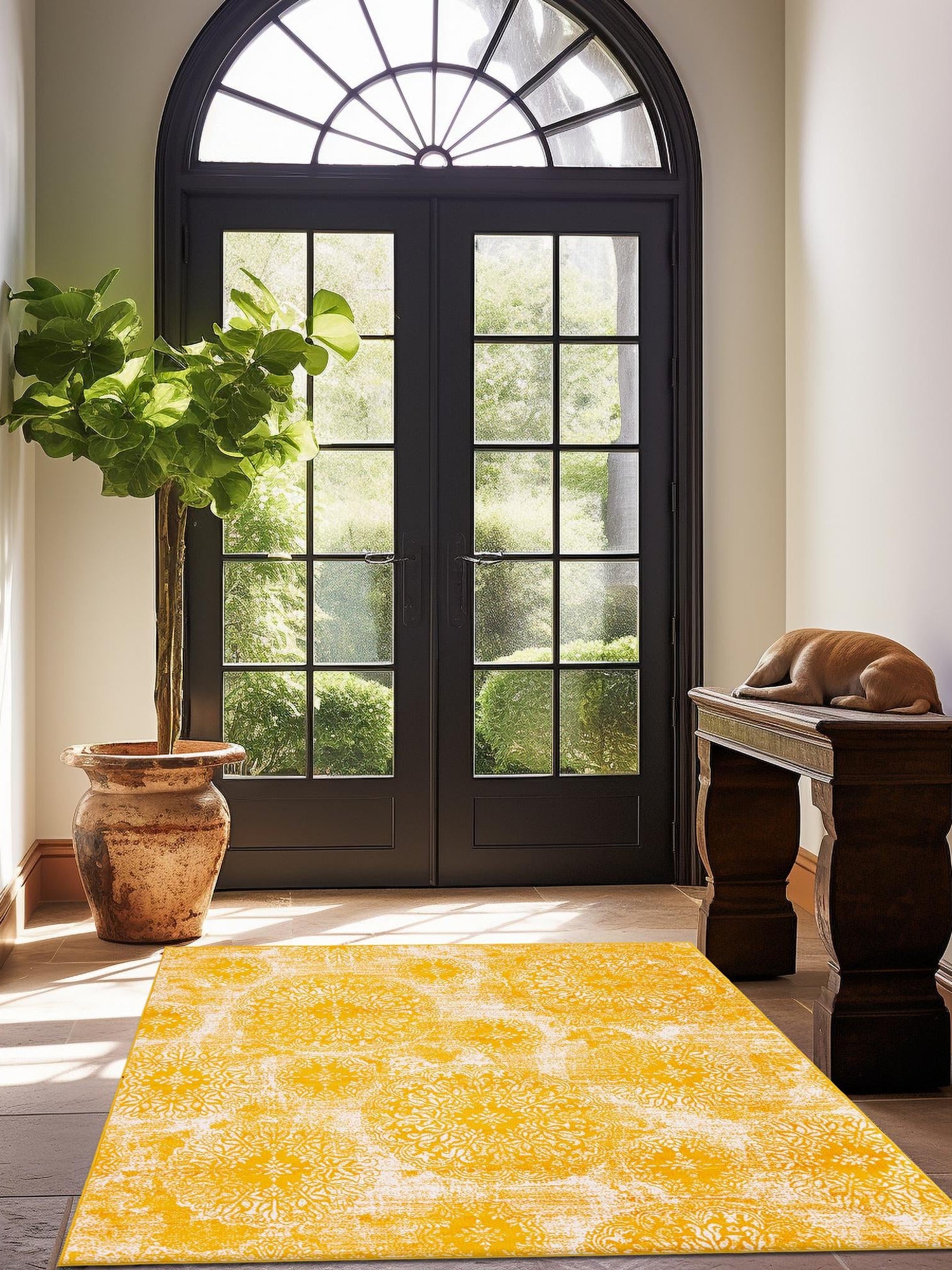 Yellow 6' 1 x 6' 1 Sofia Square Area Rug Durable Easy Clean Stain Resistant Unique Carpet for Affordable Interior Home Design for Sale at Rug Engine