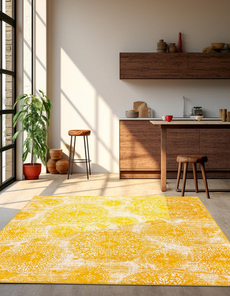 Yellow 7' 10 x 7' 10 Sofia Square Area Rug Durable Easy Clean Stain Resistant Unique Carpet for Affordable Interior Home Design for Sale at Rug Engine