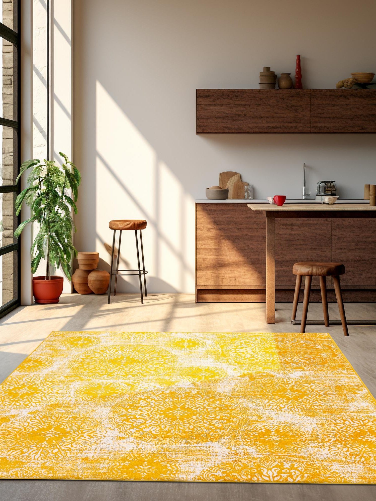 Yellow 6' 1 x 6' 1 Sofia Square Area Rug Durable Easy Clean Stain Resistant Unique Carpet for Affordable Interior Home Design for Sale at Rug Engine