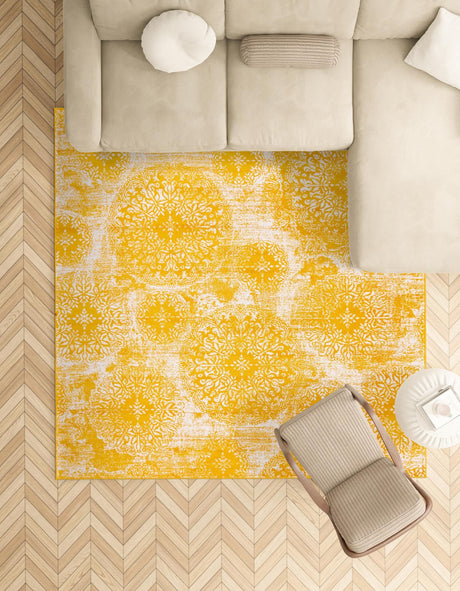 Yellow 7' 10 x 7' 10 Sofia Square Area Rug Durable Easy Clean Stain Resistant Unique Carpet for Affordable Interior Home Design for Sale at Rug Engine