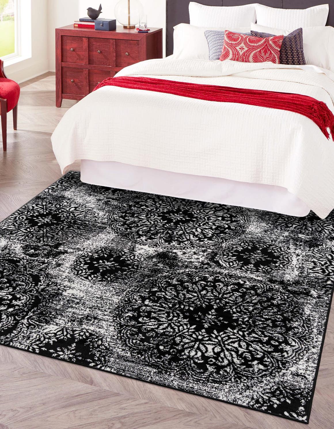 Black 6' 1 x 6' 1 Sofia Square Area Rug Durable Easy Clean Stain Resistant Unique Carpet for Affordable Interior Home Design for Sale at Rug Engine