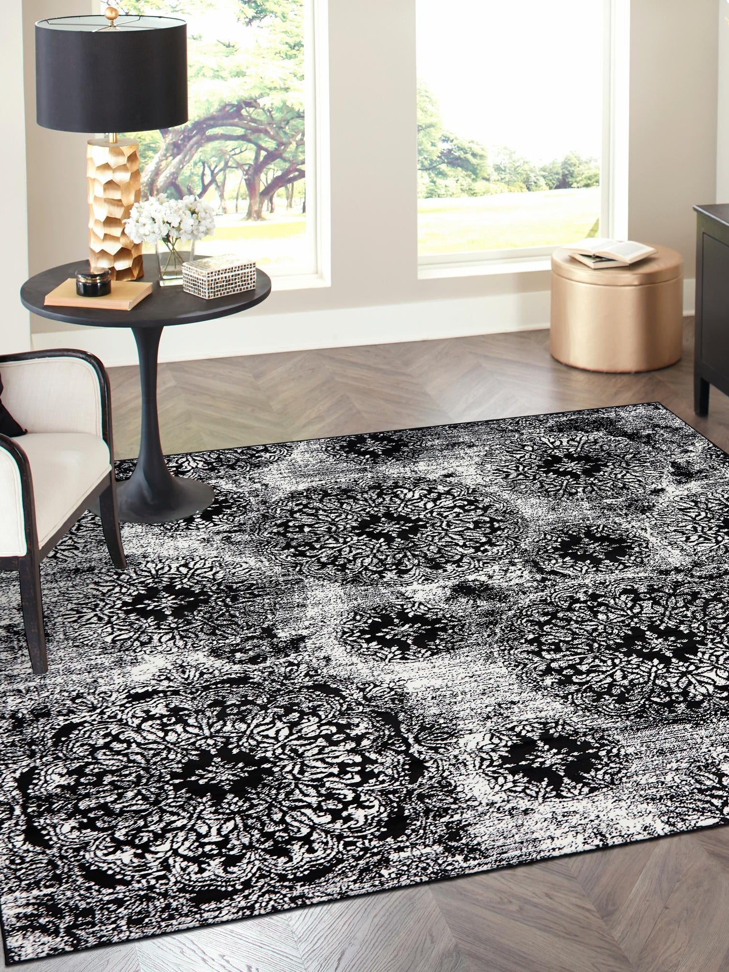 Black 6' 1 x 6' 1 Sofia Square Area Rug Durable Easy Clean Stain Resistant Unique Carpet for Affordable Interior Home Design for Sale at Rug Engine