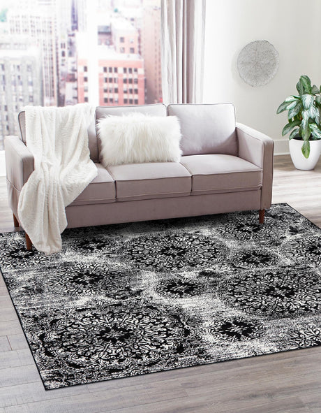 Black 7' 10 x 7' 10 Sofia Square Area Rug Durable Easy Clean Stain Resistant Unique Carpet for Affordable Interior Home Design for Sale at Rug Engine
