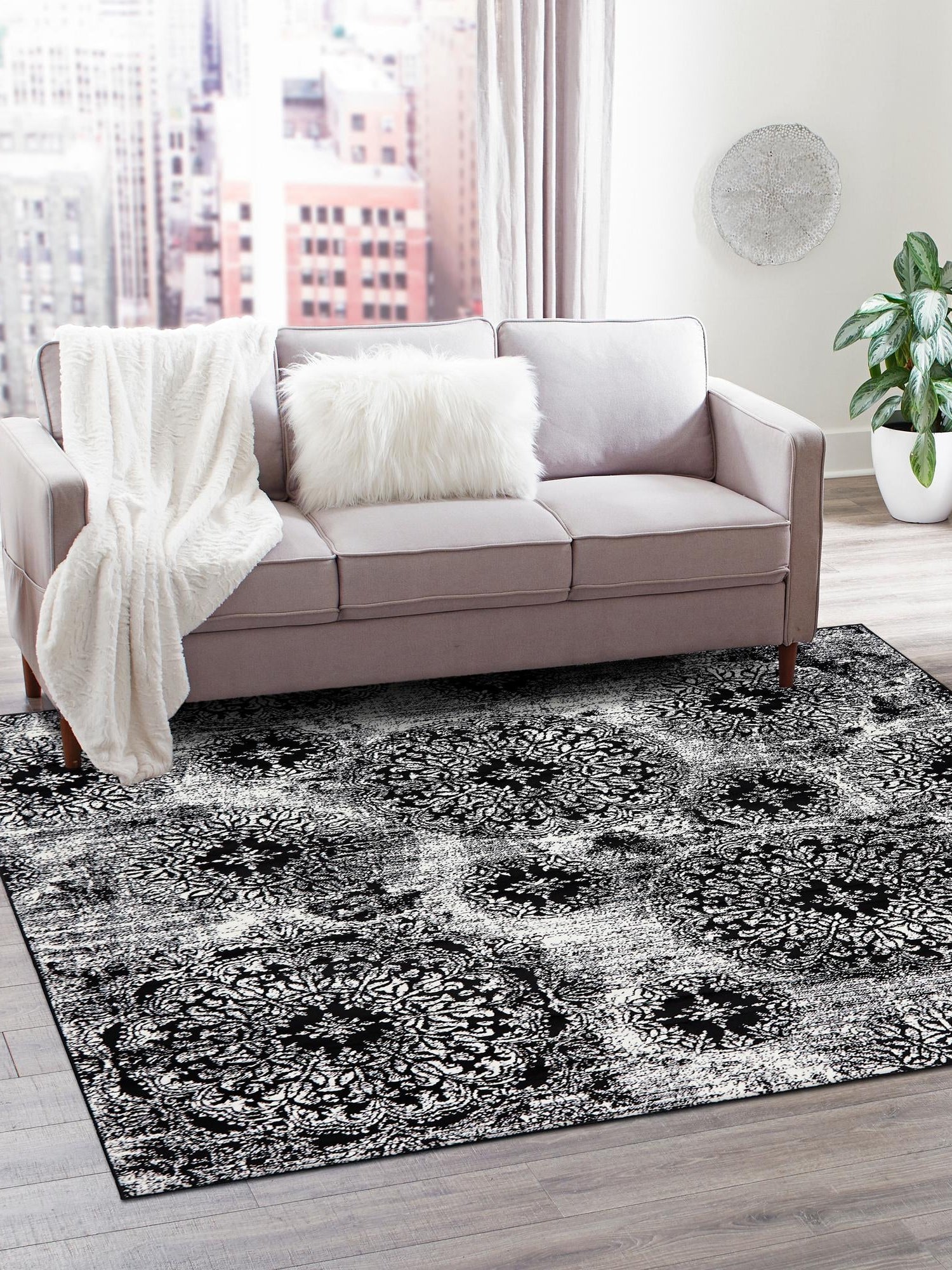 Black 6' 1 x 6' 1 Sofia Square Area Rug Durable Easy Clean Stain Resistant Unique Carpet for Affordable Interior Home Design for Sale at Rug Engine