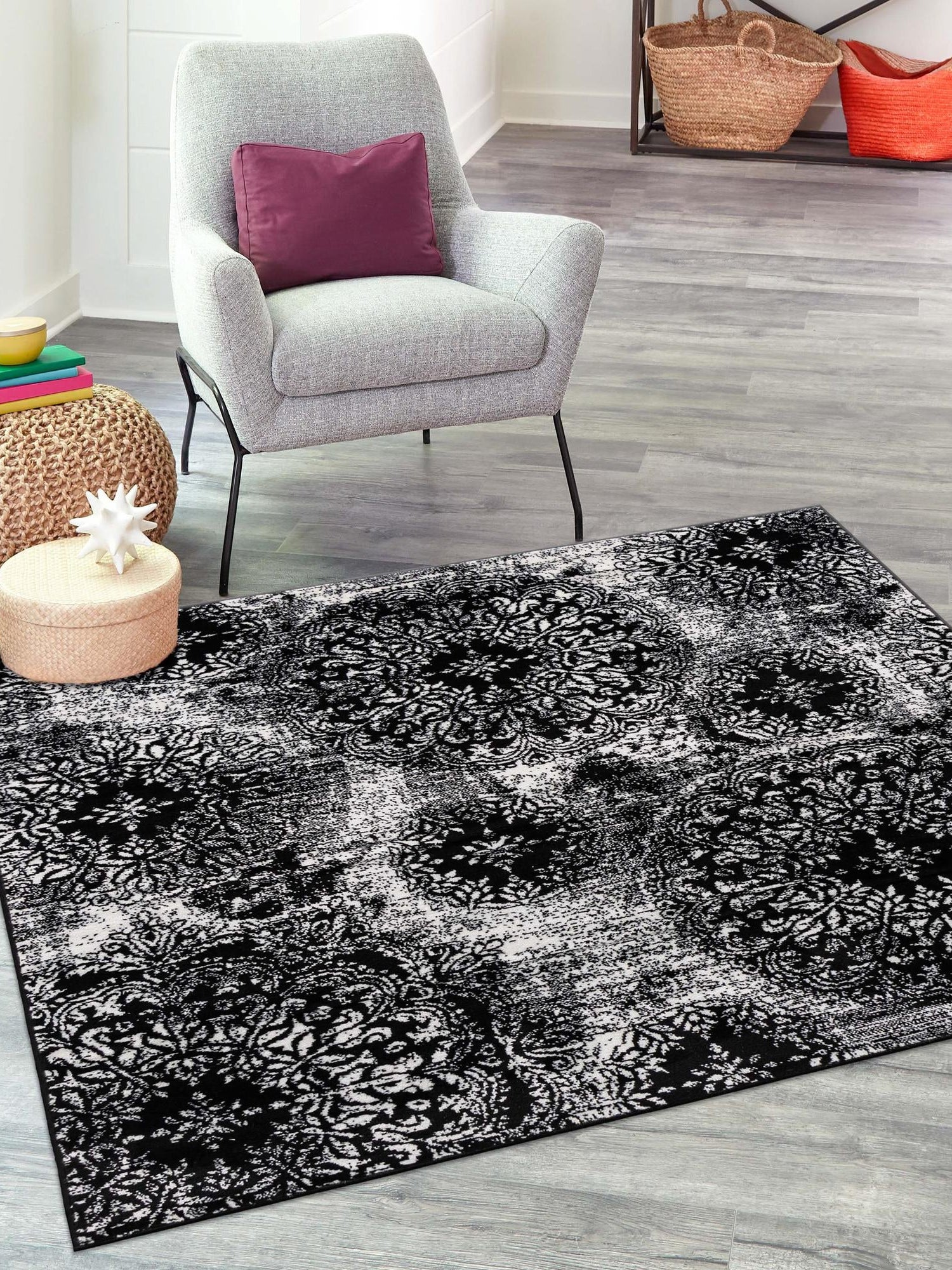 Black 6' 1 x 6' 1 Sofia Square Area Rug Durable Easy Clean Stain Resistant Unique Carpet for Affordable Interior Home Design for Sale at Rug Engine