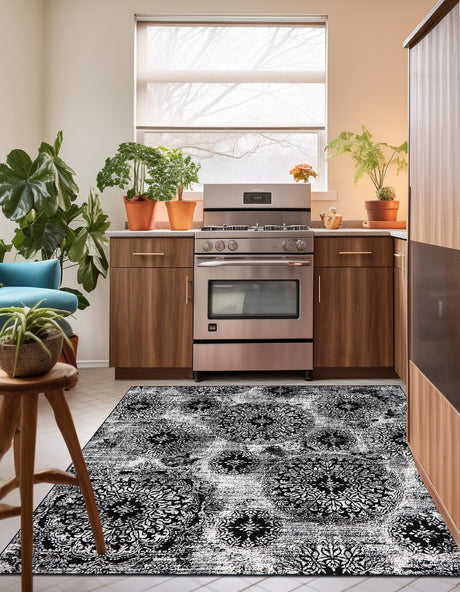 Black 6' 1 x 6' 1 Sofia Square Area Rug Durable Easy Clean Stain Resistant Unique Carpet for Affordable Interior Home Design for Sale at Rug Engine