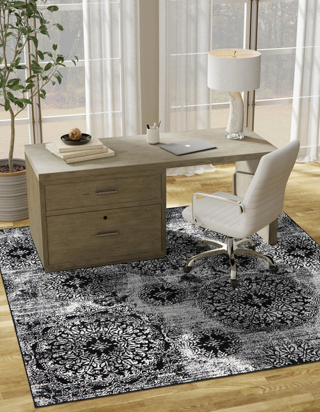 Black 7' 10 x 7' 10 Sofia Square Area Rug Durable Easy Clean Stain Resistant Unique Carpet for Affordable Interior Home Design for Sale at Rug Engine