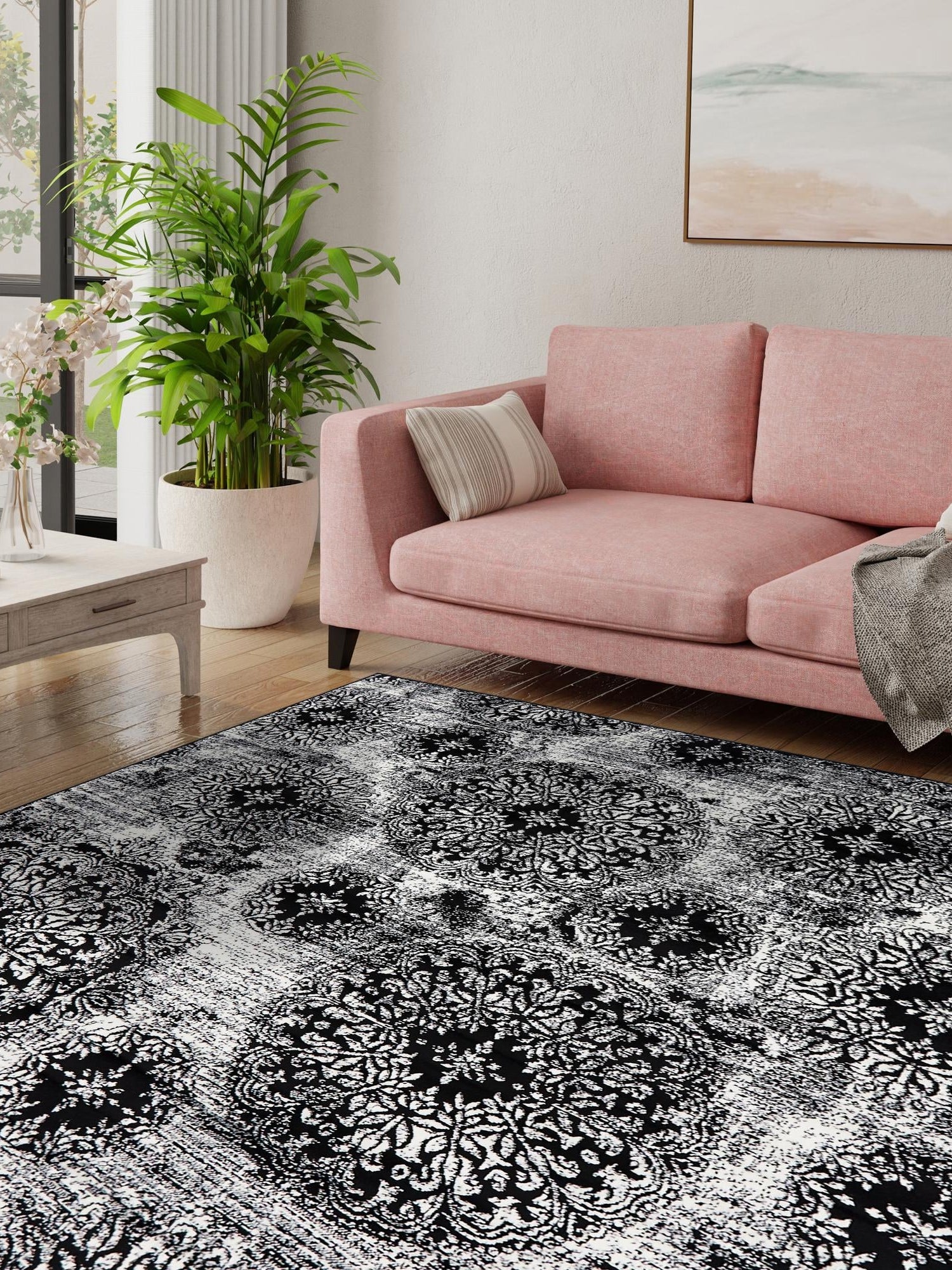 Black 7' 10 x 7' 10 Sofia Square Area Rug Durable Easy Clean Stain Resistant Unique Carpet for Affordable Interior Home Design for Sale at Rug Engine