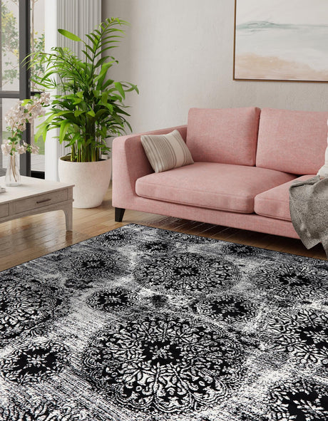 Black 7' 10 x 7' 10 Sofia Square Area Rug Durable Easy Clean Stain Resistant Unique Carpet for Affordable Interior Home Design for Sale at Rug Engine