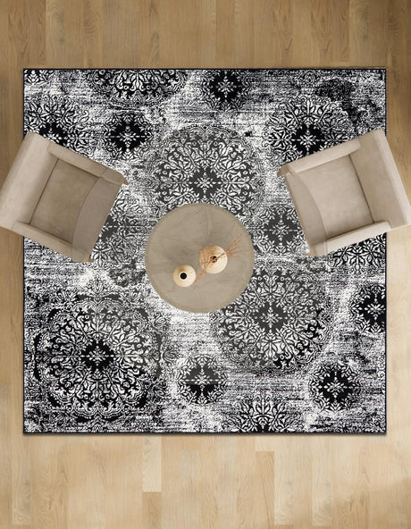 Black 6' 1 x 6' 1 Sofia Square Area Rug Durable Easy Clean Stain Resistant Unique Carpet for Affordable Interior Home Design for Sale at Rug Engine