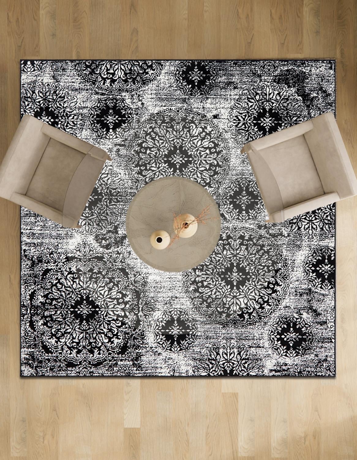 Black 7' 10 x 7' 10 Sofia Square Area Rug Durable Easy Clean Stain Resistant Unique Carpet for Affordable Interior Home Design for Sale at Rug Engine