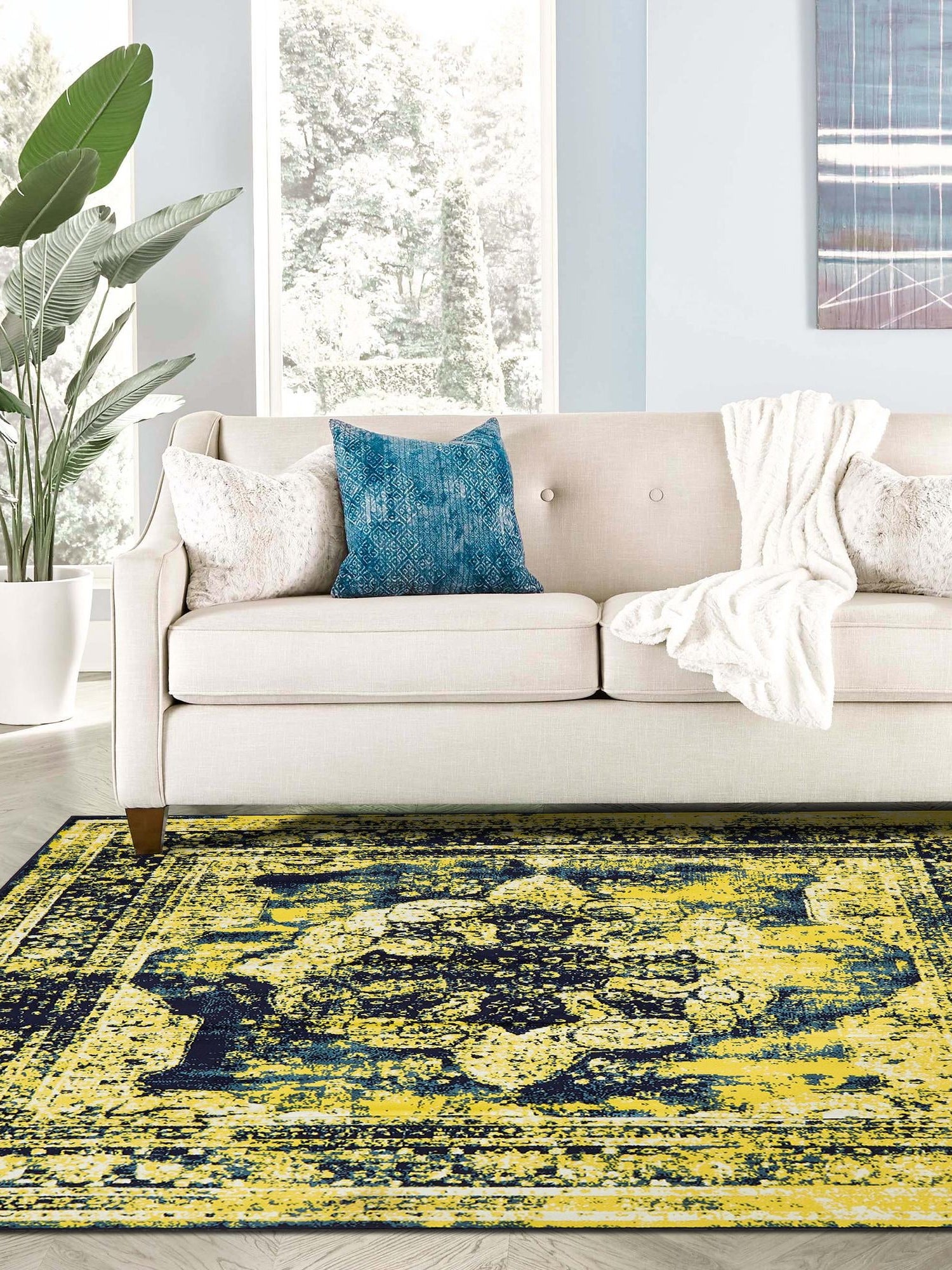 Navy Blue 7' 10 x 7' 10 Sofia Square Area Rug Durable Easy Clean Stain Resistant Unique Carpet for Affordable Interior Home Design for Sale at Rug Engine