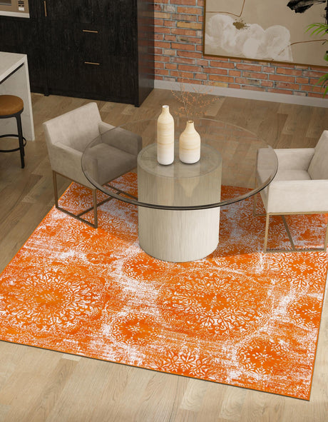 Orange 7' 10 x 7' 10 Sofia Square Area Rug Durable Easy Clean Stain Resistant Unique Carpet for Affordable Interior Home Design for Sale at Rug Engine