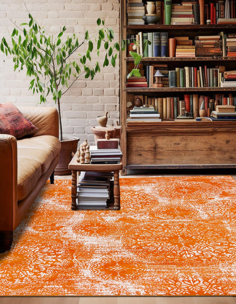 Orange 7' 10 x 7' 10 Sofia Square Area Rug Durable Easy Clean Stain Resistant Unique Carpet for Affordable Interior Home Design for Sale at Rug Engine