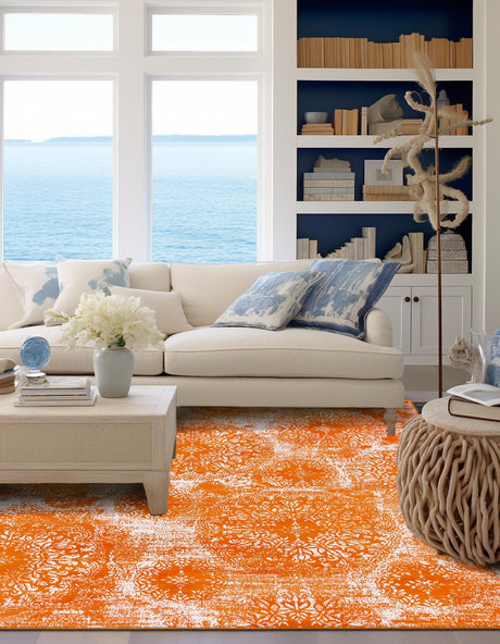 Orange 7' 10 x 7' 10 Sofia Square Area Rug Durable Easy Clean Stain Resistant Unique Carpet for Affordable Interior Home Design for Sale at Rug Engine