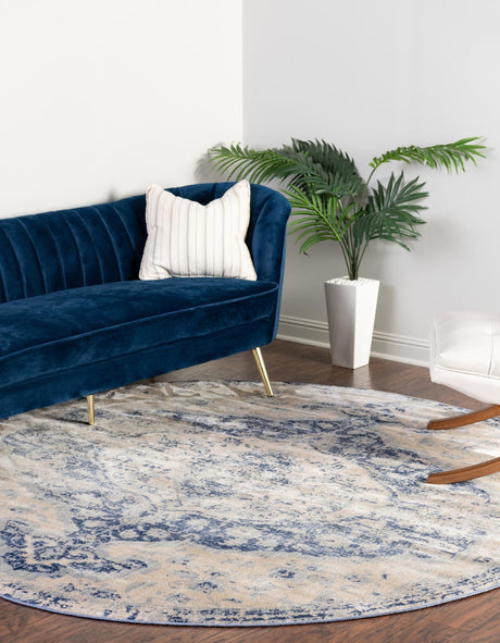 Blue 8' x 8' Asheville Round Area Rug 100% Polypropylene With Cotton Backing Easy Clean Indoor Living Dining Bedroom Office Carpet for Sale at Rug Engine