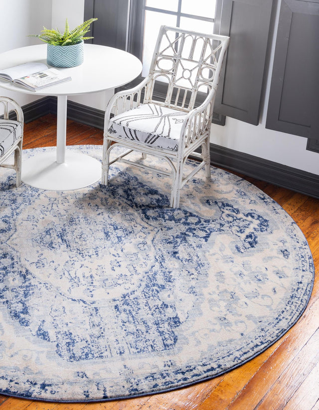 Blue 8' x 8' Asheville Round Area Rug 100% Polypropylene With Cotton Backing Easy Clean Indoor Living Dining Bedroom Office Carpet for Sale at Rug Engine