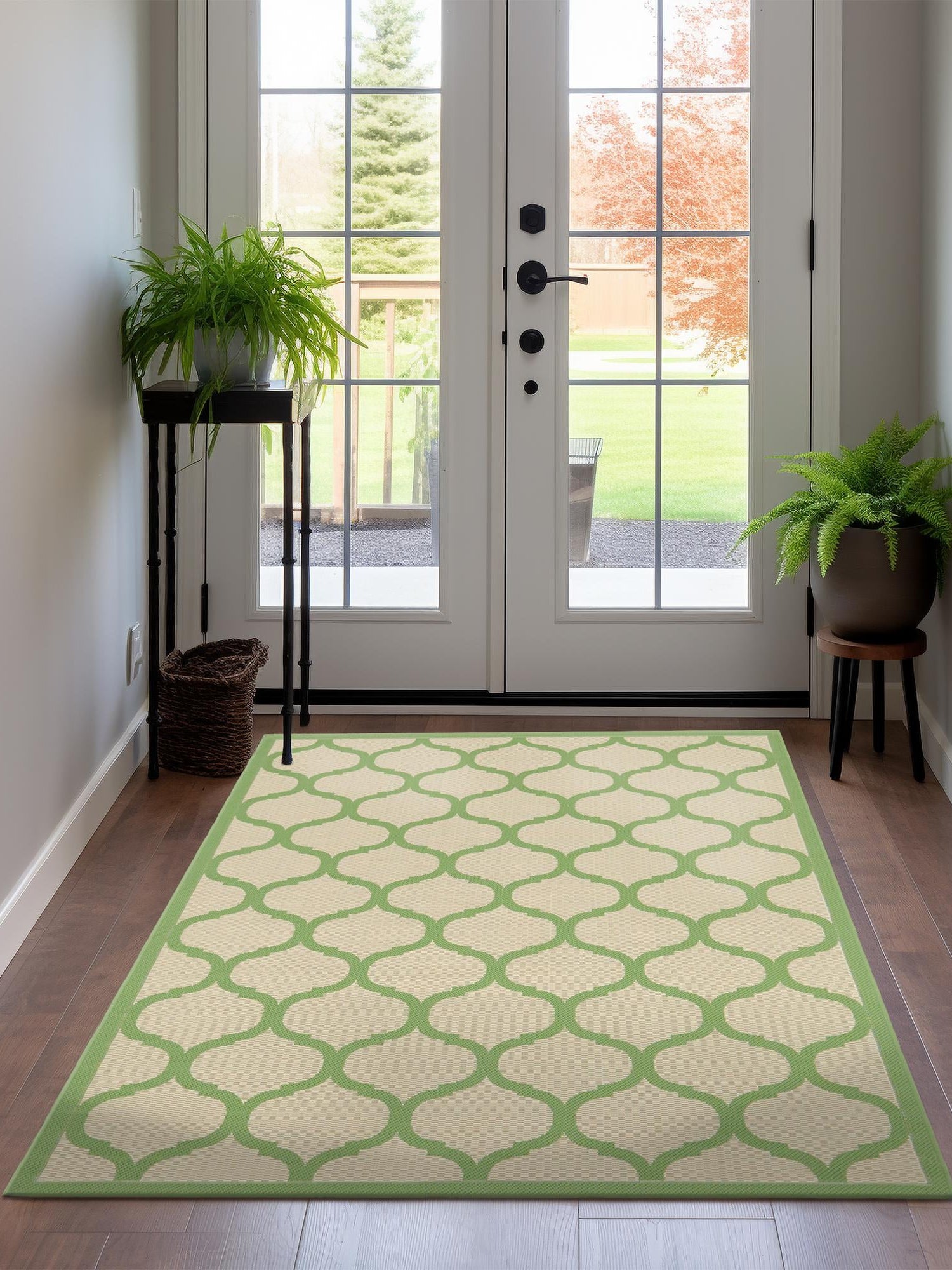Beige and Green 7' 1 x 10' Outdoor Trellis Rectangle Area Rug Weather Resistant for Patio, Deck, Terrace, Balcony, Porch Geometric Design Water Safe Outside Carpet for Sale at Rug Engine