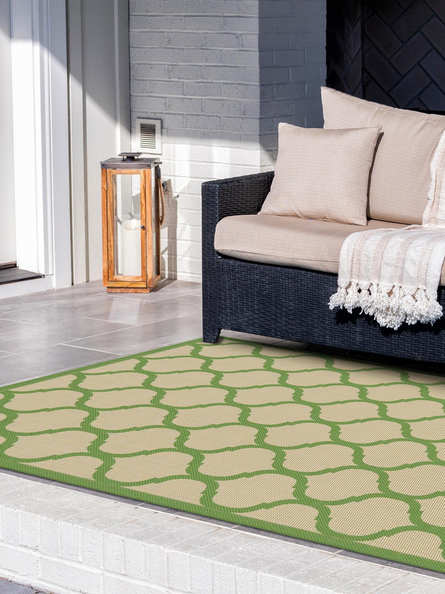 Beige and Green 7' 1 x 10' Outdoor Trellis Rectangle Area Rug Weather Resistant for Patio, Deck, Terrace, Balcony, Porch Geometric Design Water Safe Outside Carpet for Sale at Rug Engine