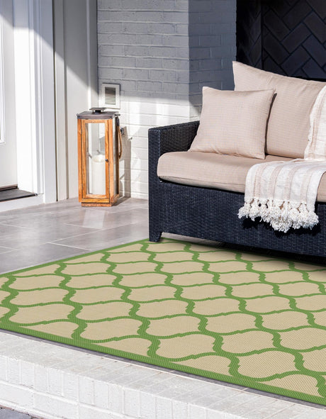 Beige and Green 7' 1 x 10' Outdoor Trellis Rectangle Area Rug Weather Resistant for Patio, Deck, Terrace, Balcony, Porch Geometric Design Water Safe Outside Carpet for Sale at Rug Engine