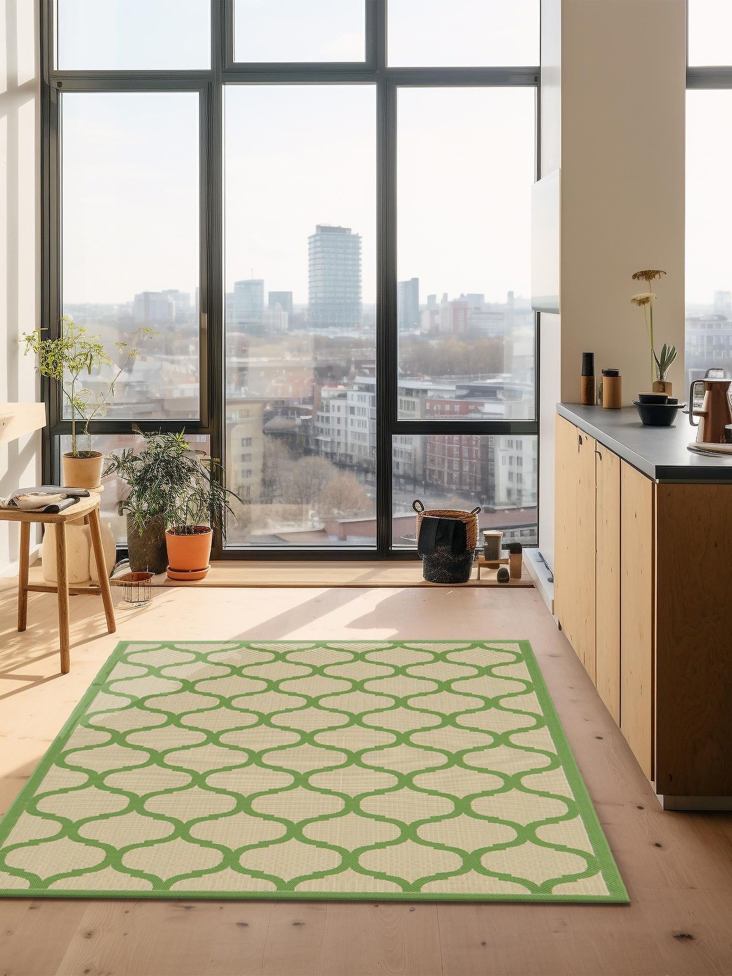 Beige and Green 7' 1 x 10' Outdoor Trellis Rectangle Area Rug Weather Resistant for Patio, Deck, Terrace, Balcony, Porch Geometric Design Water Safe Outside Carpet for Sale at Rug Engine