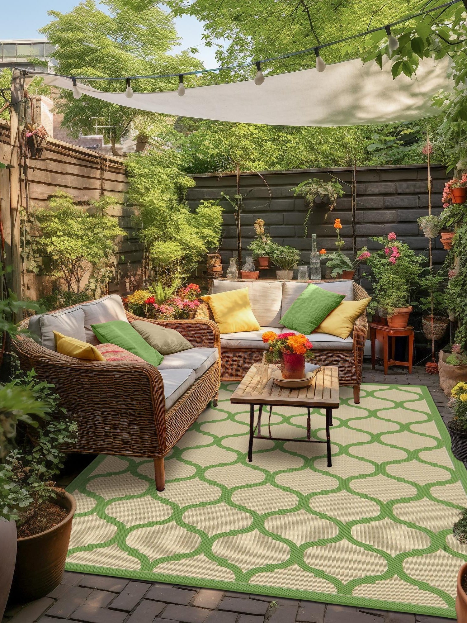 Beige and Green 7' 1 x 10' Outdoor Trellis Rectangle Area Rug Weather Resistant for Patio, Deck, Terrace, Balcony, Porch Geometric Design Water Safe Outside Carpet for Sale at Rug Engine