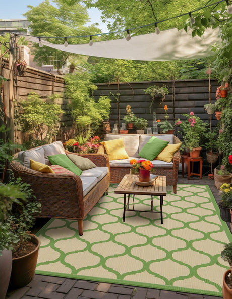 Beige and Green 7' 1 x 10' Outdoor Trellis Rectangle Area Rug Weather Resistant for Patio, Deck, Terrace, Balcony, Porch Geometric Design Water Safe Outside Carpet for Sale at Rug Engine