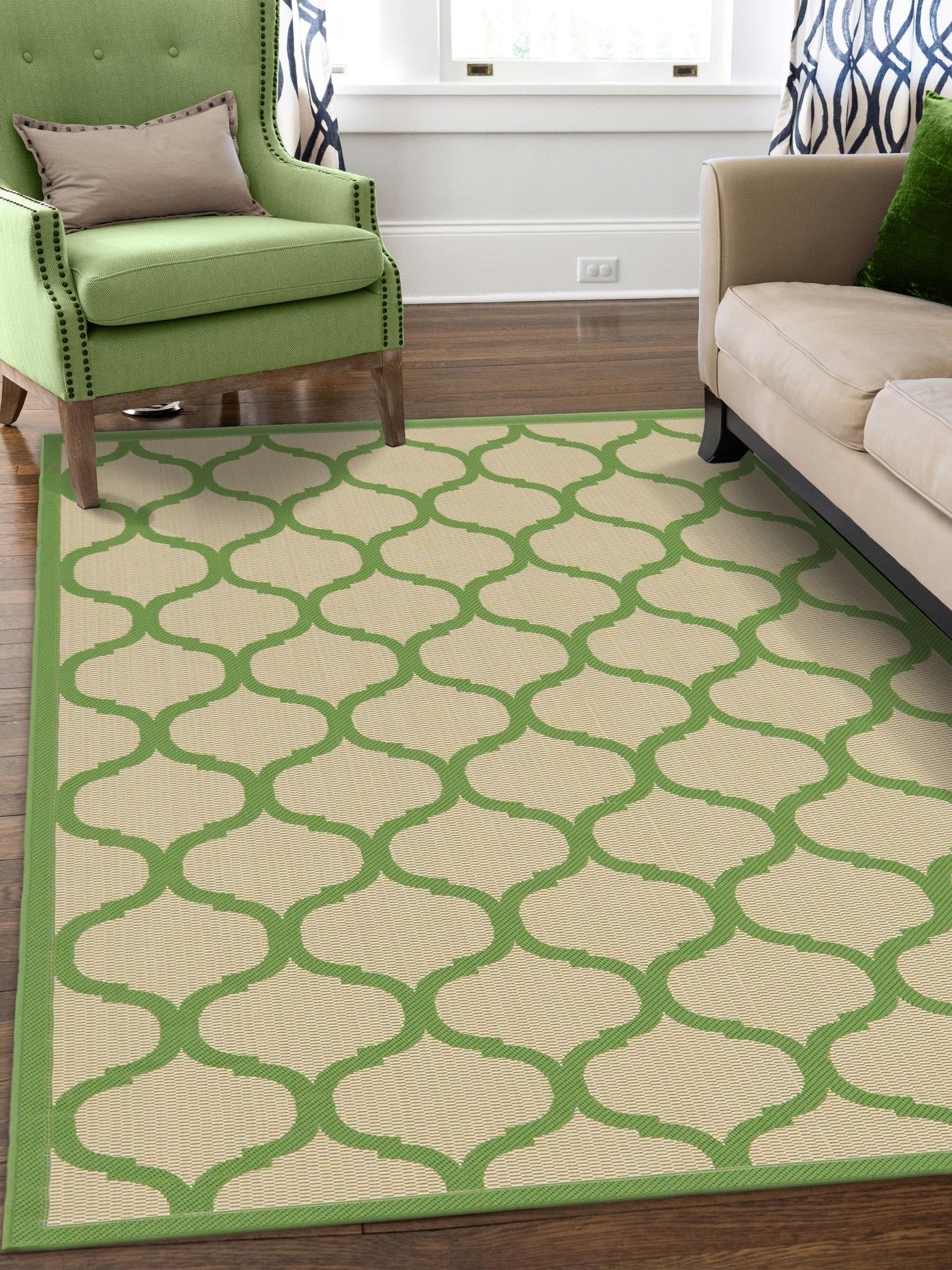 Beige and Green 7' 1 x 10' Outdoor Trellis Rectangle Area Rug Weather Resistant for Patio, Deck, Terrace, Balcony, Porch Geometric Design Water Safe Outside Carpet for Sale at Rug Engine