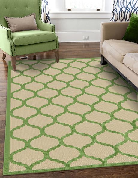 Beige and Green 7' 1 x 10' Outdoor Trellis Rectangle Area Rug Weather Resistant for Patio, Deck, Terrace, Balcony, Porch Geometric Design Water Safe Outside Carpet for Sale at Rug Engine