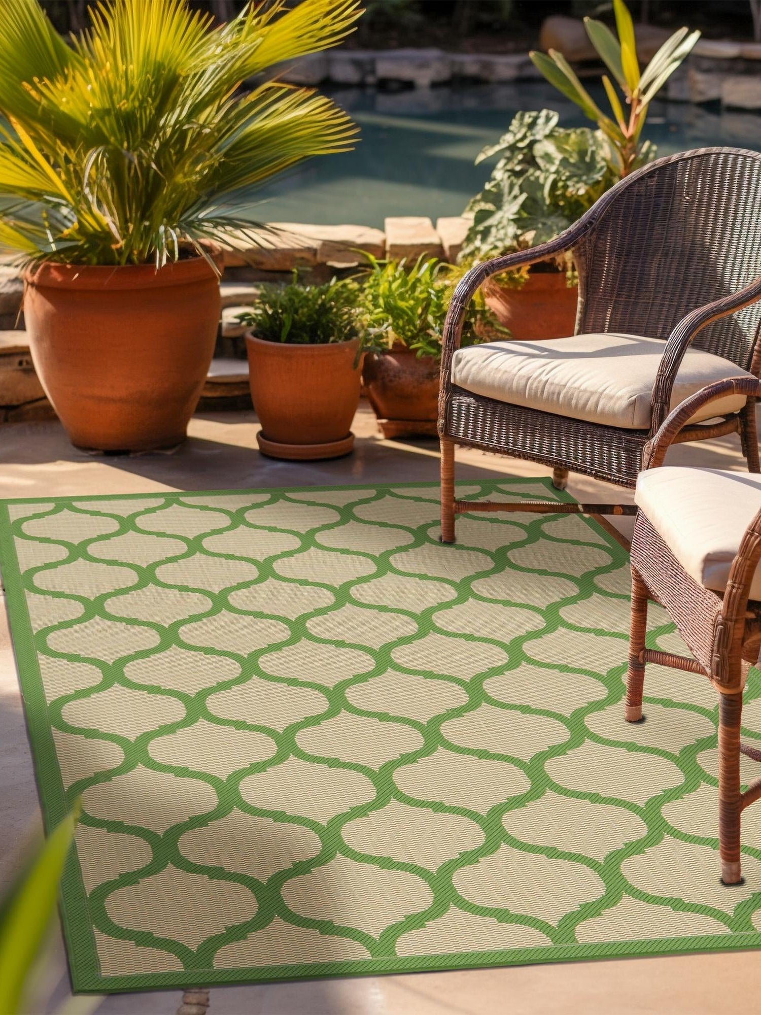 Beige and Green 7' 1 x 10' Outdoor Trellis Rectangle Area Rug Weather Resistant for Patio, Deck, Terrace, Balcony, Porch Geometric Design Water Safe Outside Carpet for Sale at Rug Engine