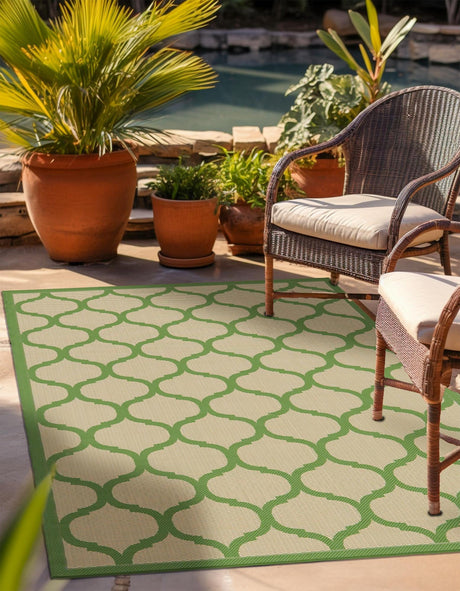 Beige and Green 7' 1 x 10' Outdoor Trellis Rectangle Area Rug Weather Resistant for Patio, Deck, Terrace, Balcony, Porch Geometric Design Water Safe Outside Carpet for Sale at Rug Engine