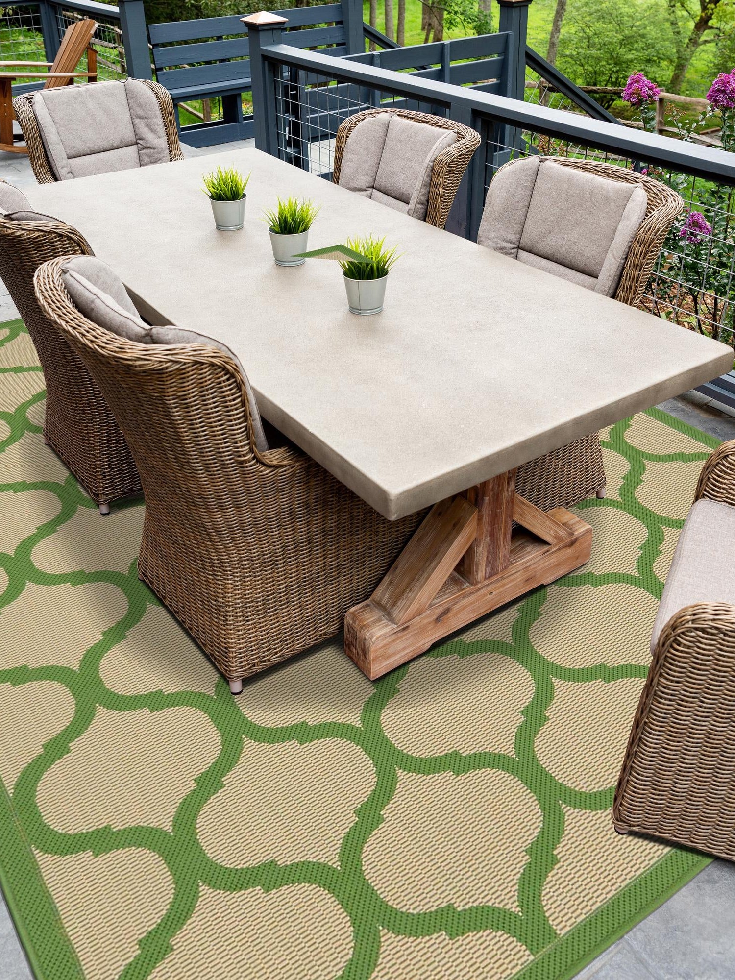 Beige and Green 7' 1 x 10' Outdoor Trellis Rectangle Area Rug Weather Resistant for Patio, Deck, Terrace, Balcony, Porch Geometric Design Water Safe Outside Carpet for Sale at Rug Engine
