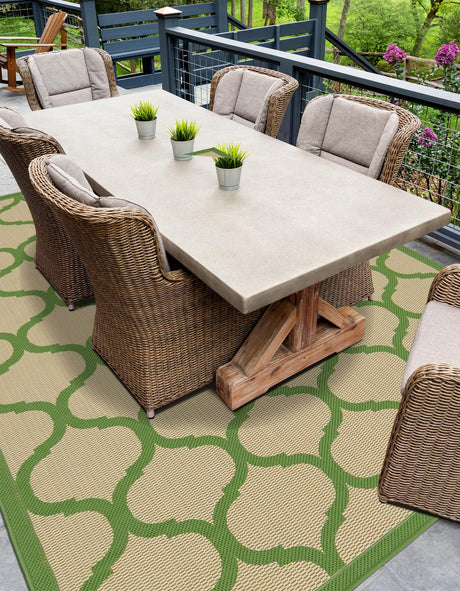 Beige and Green 7' 1 x 10' Outdoor Trellis Rectangle Area Rug Weather Resistant for Patio, Deck, Terrace, Balcony, Porch Geometric Design Water Safe Outside Carpet for Sale at Rug Engine