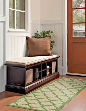 Beige and Green 2' 2 x 6' 1 Outdoor Trellis Runner Rug
