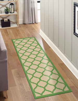 Beige and Green 2' 2 x 6' 1 Outdoor Trellis Runner Rug