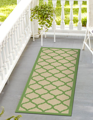 Beige and Green 2' 2 x 6' 1 Outdoor Trellis Runner Rug